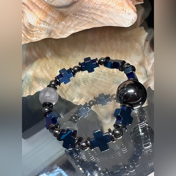 HEMATITE + QUARTZ NATURAL STONES  BRACELET size 7” - Picture 6 of 16